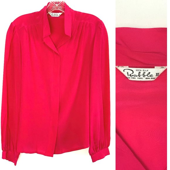 Rabble Tops - Rabble II 100% Silk Puff Long Sleeve Button Up Blouse Fuchsia/Hot Pink  Medium